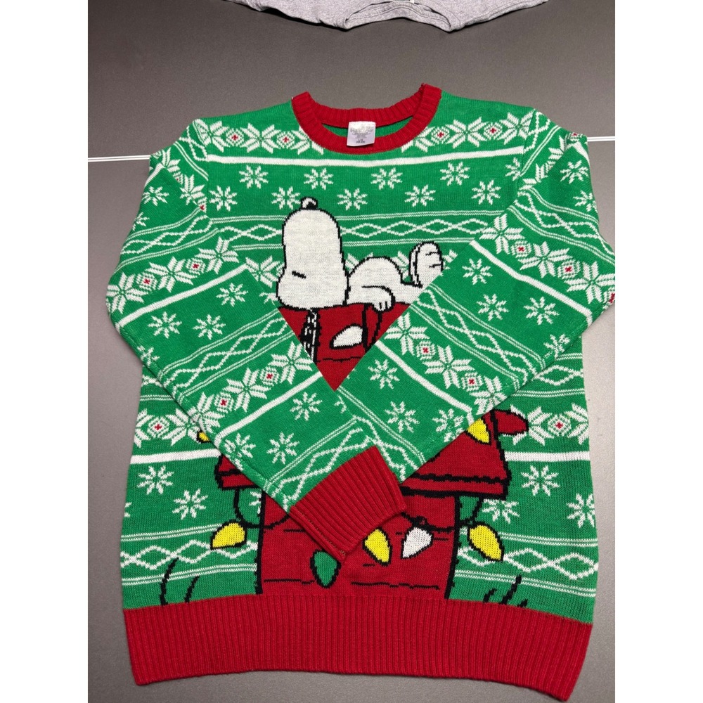 Peanuts Snoopy‎ Christmas Doghouse Ugly Holiday Sweater Green Red Mens Large L - Picture 5 of 11